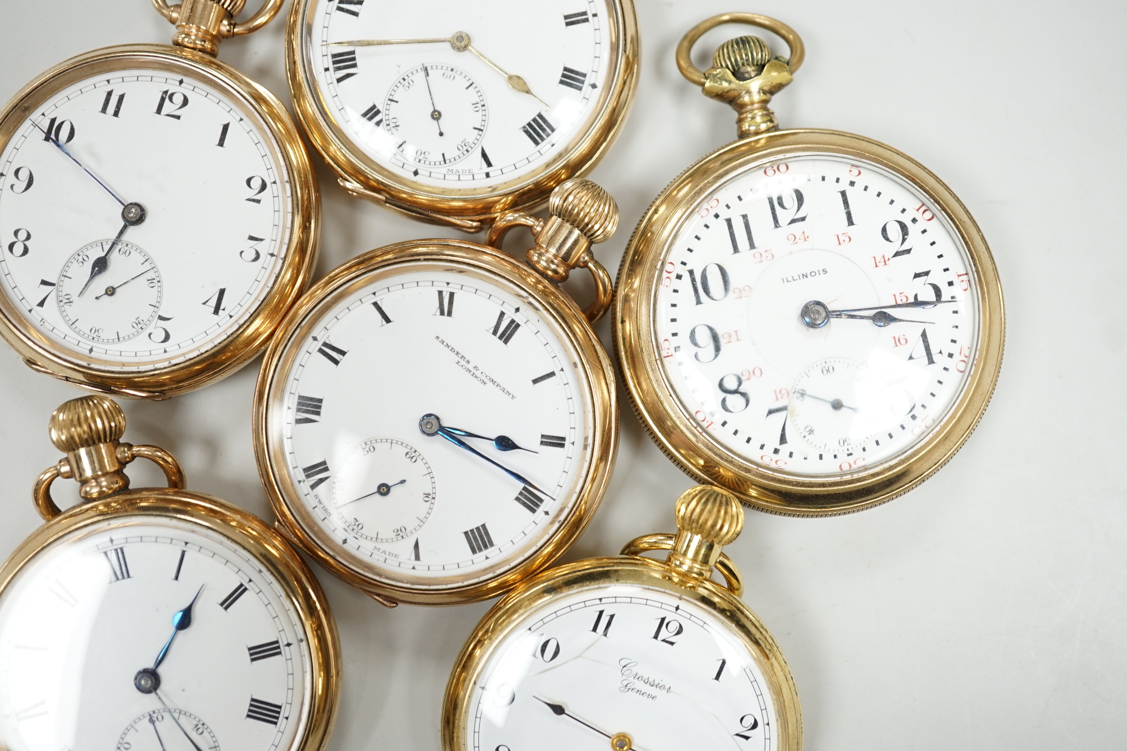 Six assorted gold plated open faces pocket watches, including Limit and Sanders Company.